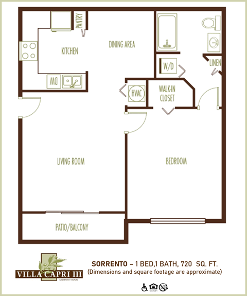 Floor plan for 1 bed, 1 bath, 720 sqft